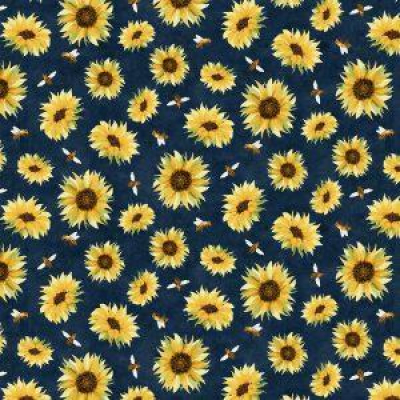 Autumn Sun - Bees & Sunflowers Navy Blue Background