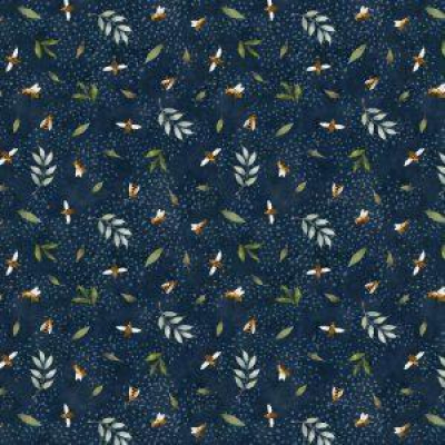Autumn Sun - Small Bees & Leaves Navy Blue Background