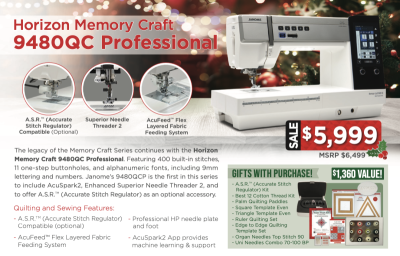 Janome Horizon Memory Craft 9480QC Professional  Christmas Package